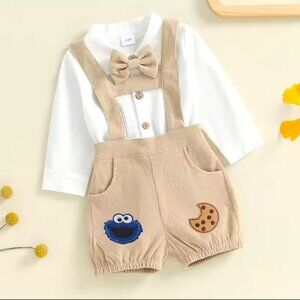 Beige Boy First Birthday Sesame Street Clothes Suspenders Cookie Monster Outfit